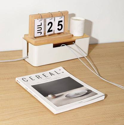 BUYSK ABS Cord Organizer Box with Wooden Lid, Cable Management Box for Power Strips or Surge Protectors, Desk Cable Tidy Box for Office Home(White)