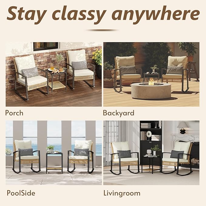 3 Piece Patio Rocking Chairs Set of 2, Outdoor Rocking Chair Bistro Set with Tempered Glass Coffee Table and Thick Lumbar Pillow Set, Front Porch Chairs for Garden, Backyard, Poolside (Beige)