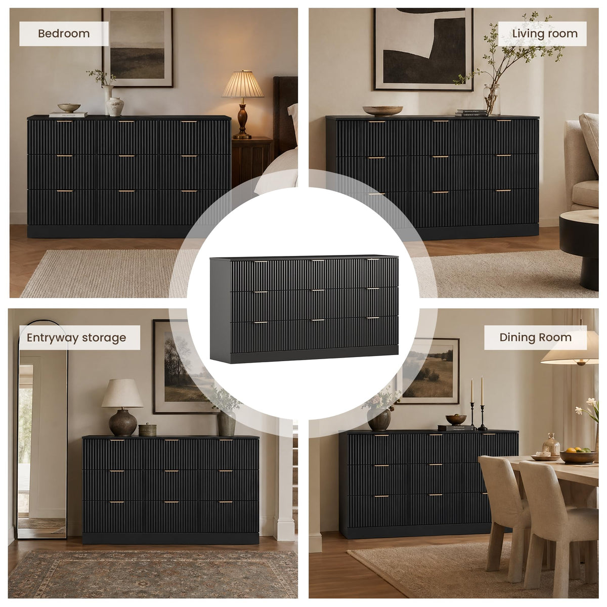 MALOL Fluted 9 Drawer Dresser for Bedroom, 59" Wide Wood Chest of Drawers with Metal Handle, Long Dresser Storage Organizer TV Stand for Closet, Living Room, Hallway, Black