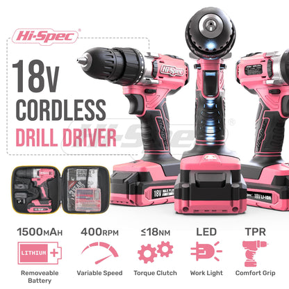 Hi-Spec 58pc 18V Pink Womens Electric Cordless Power Ladies Drill Driver Set with Rechargeable Battery, Power Screwdriver Bits, Wood and Metal Drill Bits. All in a Compact Case