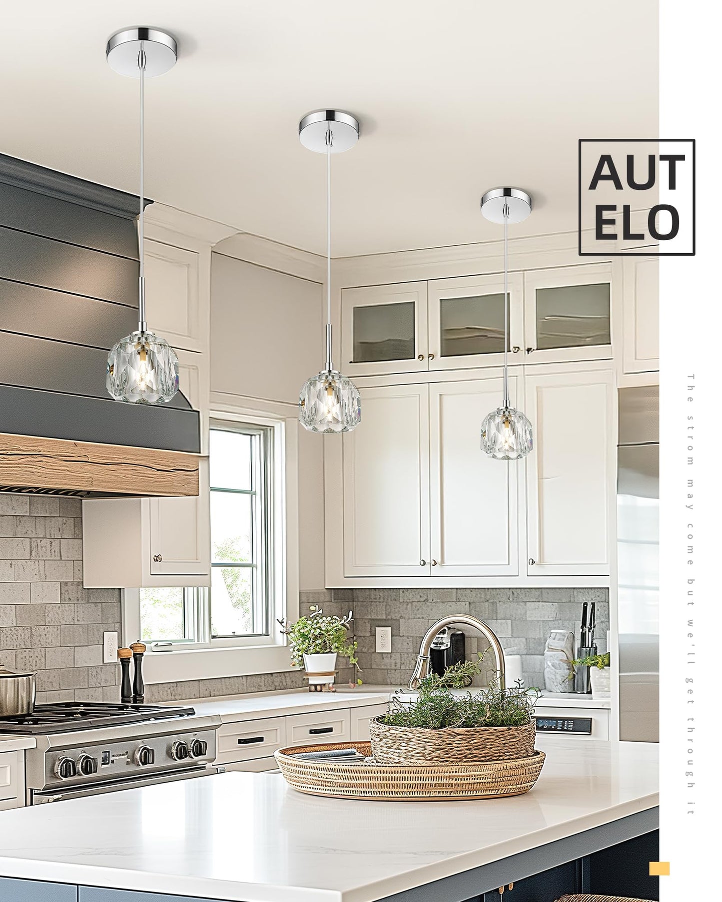 AUTELO 2 Pack Modern Pendant Lights, 1-Light Pendant Light Fixtures in Chrome Metal Finish, Small Crystal Pendant Lights Kitchen Island for Kitchen Island, Dining Room, Bedroom, H3878 CH-2PK-NR