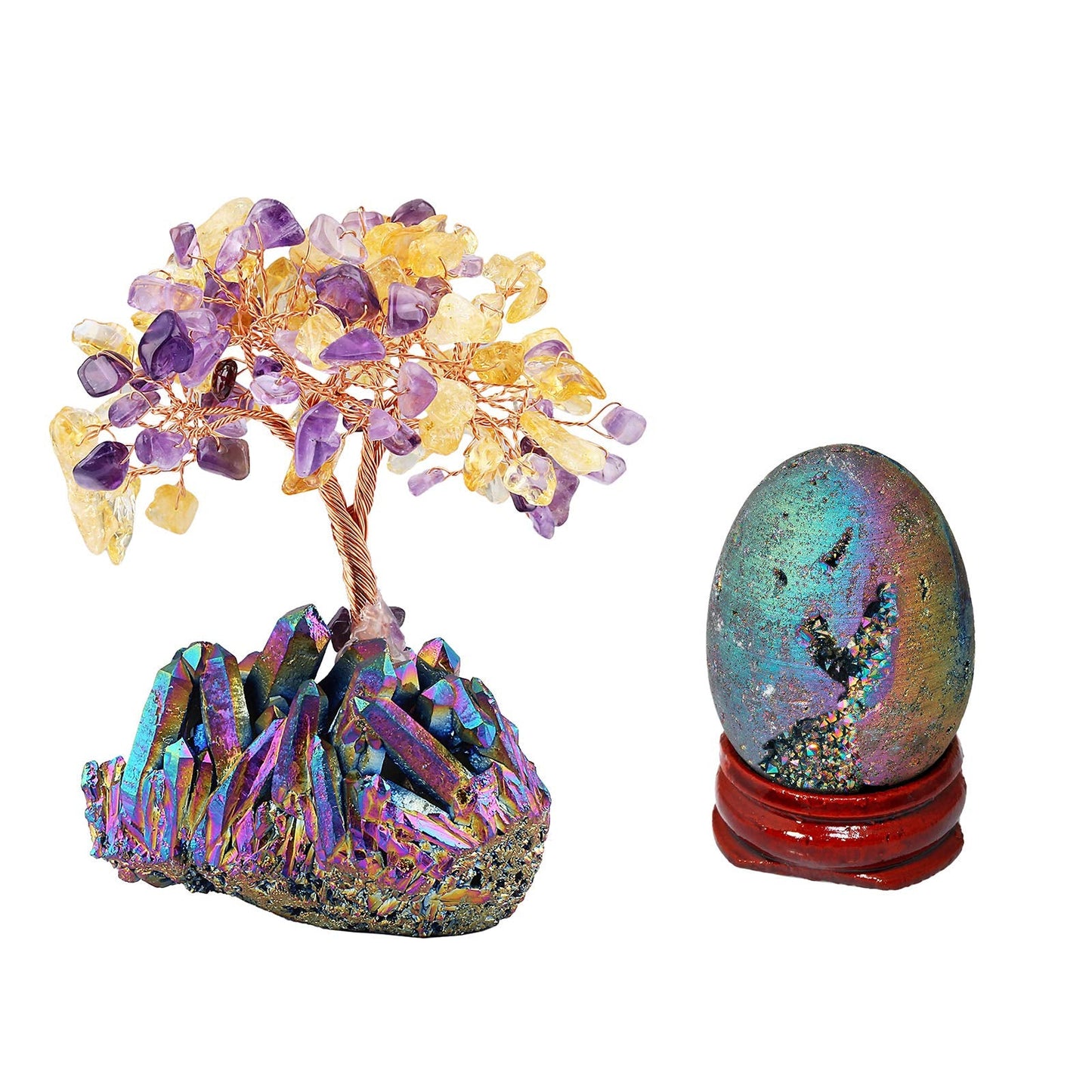 mookaitedecor Bundle - 2 Items: Citrine & Amethyst Crystal Money Tree & Titanium Coated Crystal Egg Figurines with Wood Stand for Feng Shui Decor