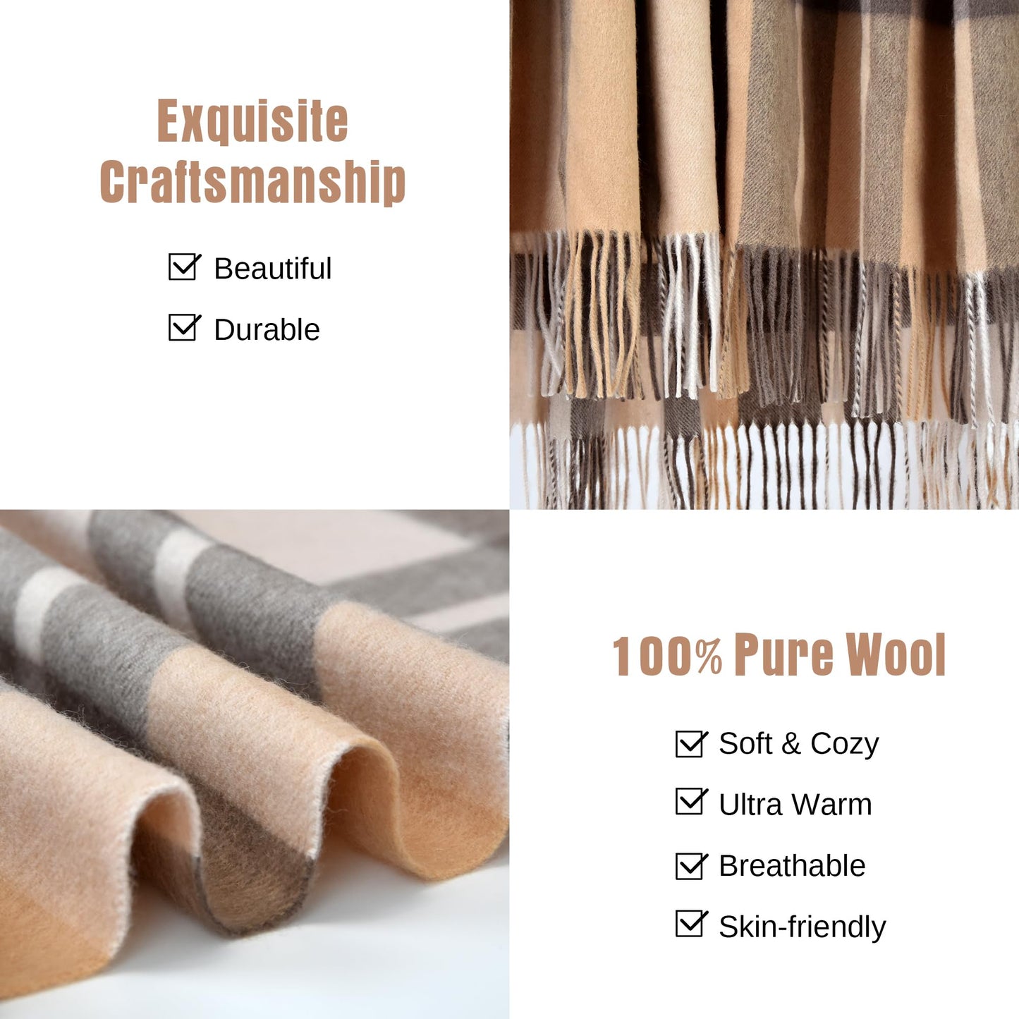 Pure Wool Blanket - 85" x 55" - Soft Cozy, Wool Knee Blanket with Fringe for Couch Sofa Bed, Lightweight Breathable Throw for Home Travel, Camel Chedkered