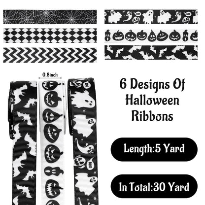 Whaline 6 Rolls Halloween Wired Edge Ribbon Spiderweb Ghost Pumpkin Fabric Ribbon Black White Wrapping Ribbons for DIY Crafts Wreath Bow Making Supplies, 30 Yard