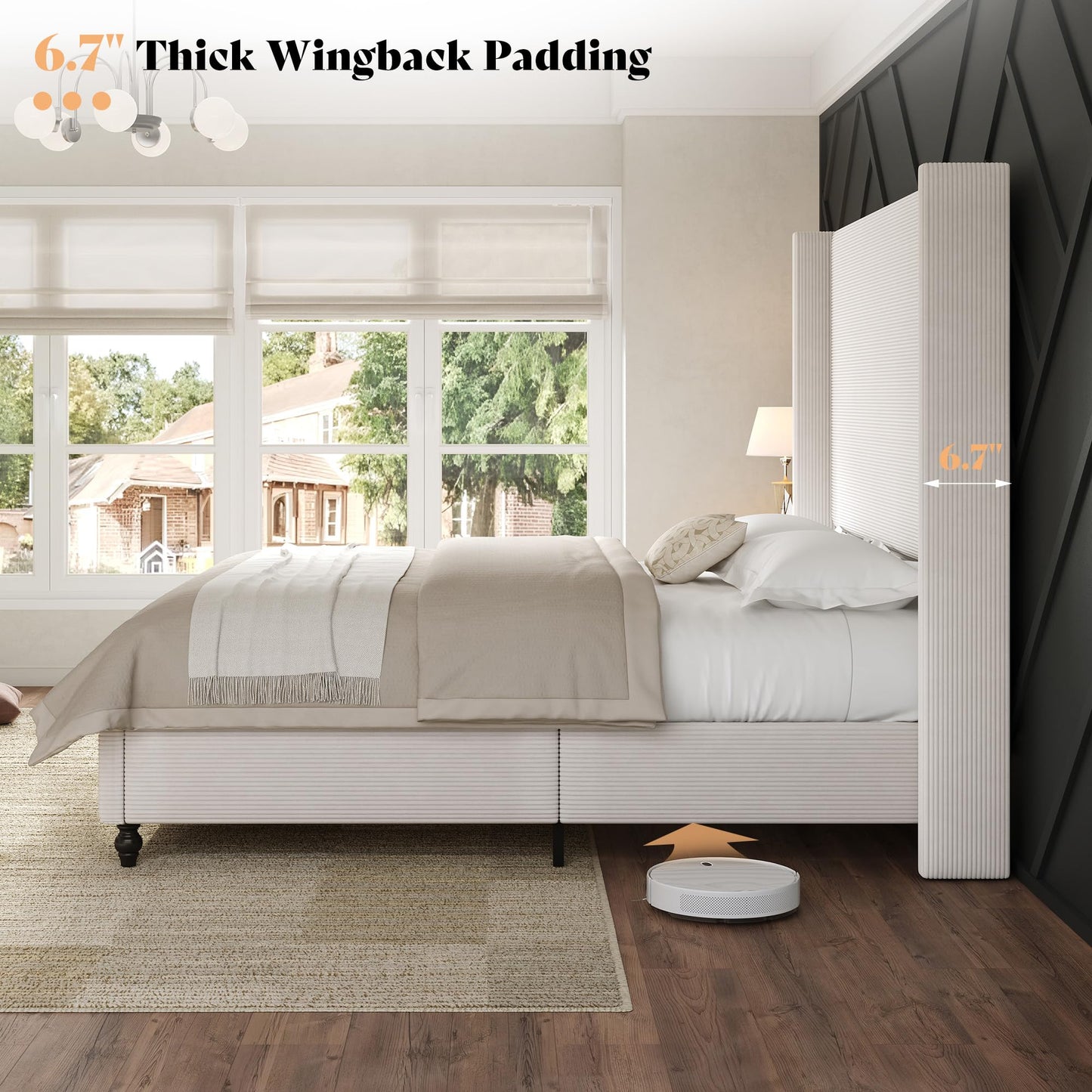 AMERLIFE Queen Bed Frame with 63" Tall Headboard, Upholstered Corduroy Bed Frame with Wingback, Platform Bed with Solid Wood Gourd Legs, Solid Slats, No Box Spring Needed, White