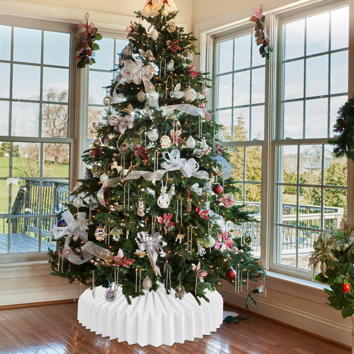 succulentlovers 26 Inch Honeycomb Christmas Paper Tree Collar, White Foldable Christmas Tree Ring Skirt Collar, Paper Basket Stand Box Base Cover Fit for 6ft to 9ft Artificial Trees Holiday Decoration