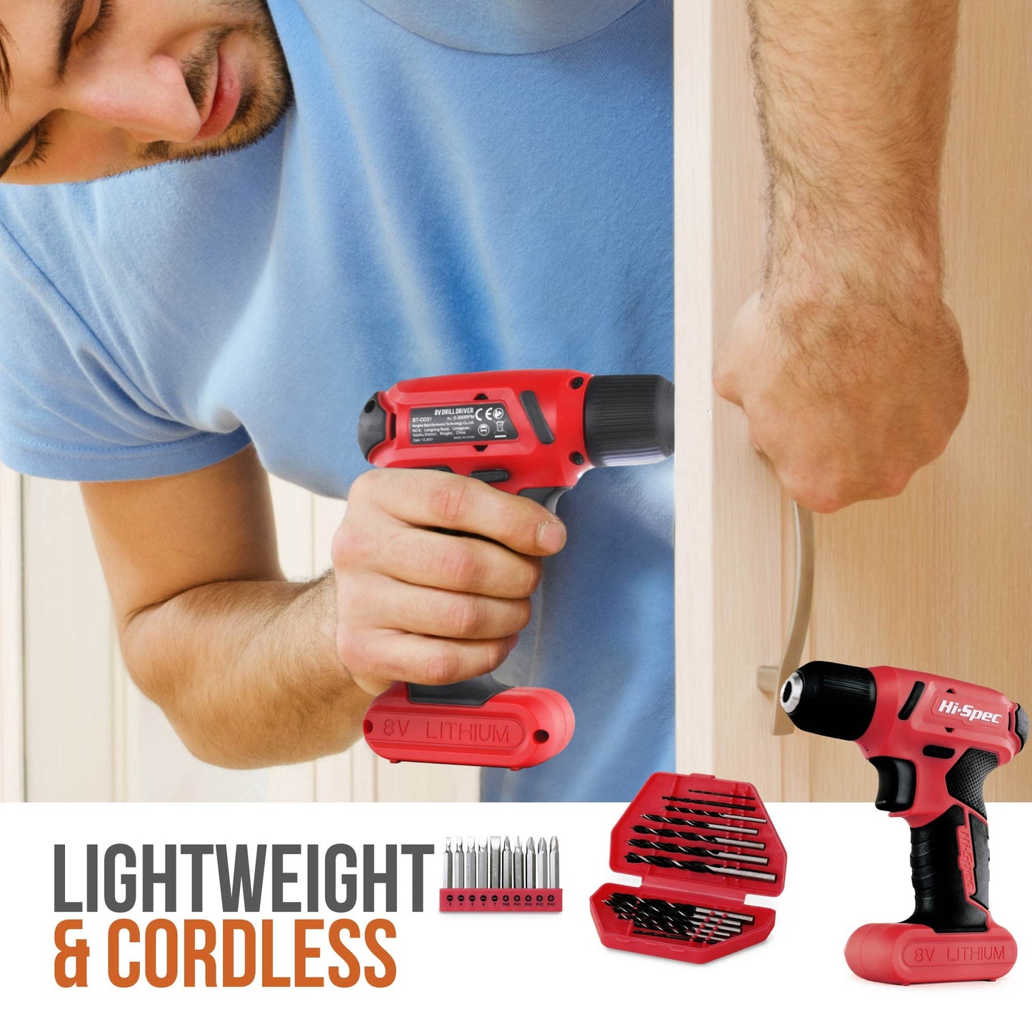 Hi-Spec 57pc Red 8V Electric Drill Set & Household Kit – DIY Hand Tools, Cordless Power Screwdriver, Essential Set with Drill Bits for Home Repairs, Maintenance & Projects