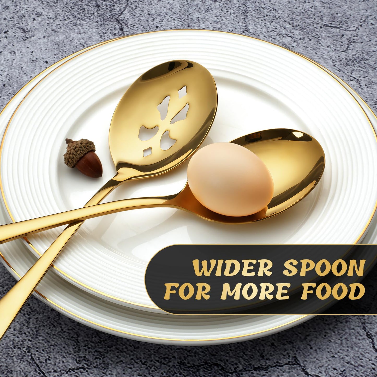Keyoxy 6 Piece Stainless Steel Serving Spoon Set - 3 Large, 3 Slotted,Dishwasher Safe,10-Inch,Gold, for Parties/Kitchen/Buffet/Catering