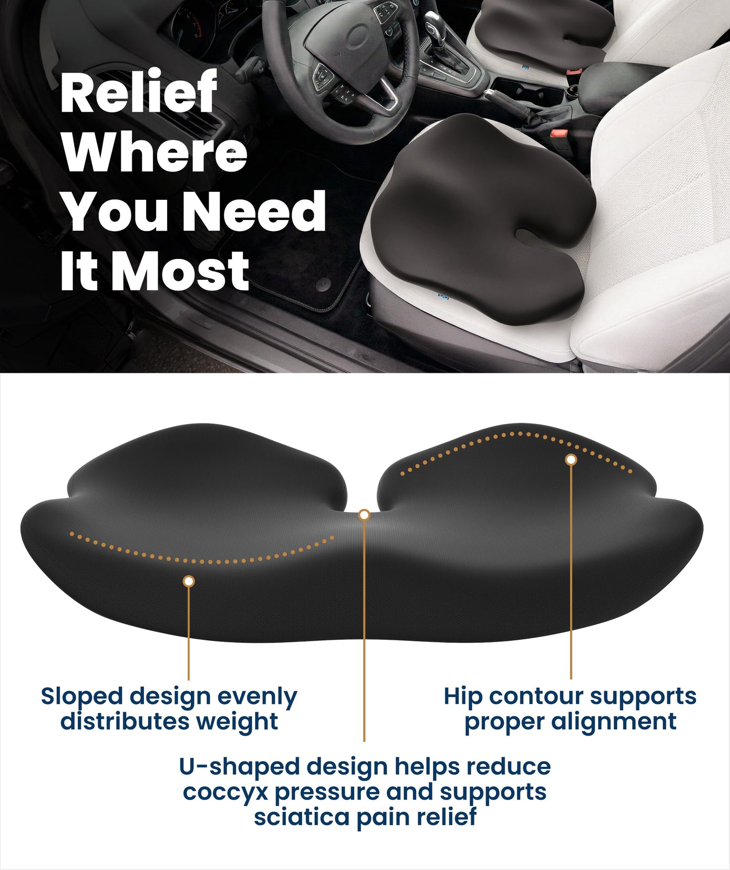 Everlasting Comfort Car Seat Cushion for Driving - Orthopedic Car Cushion for Office, Travel, Gaming Chair Memory Foam Driver Booster for Short People, Non-Slip, Washable Cover, Back & Sciatica Relief