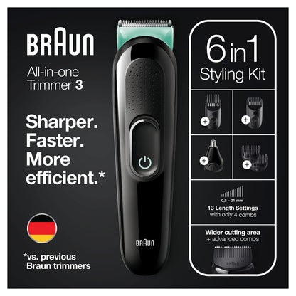 Braun 6-in-1 All-in-One Series 3, Male Grooming Kit with Beard Trimmer, Hair Clippers & Precision Trimmer, 5 Attachments, Gifts for Men, UK 2 Pin Plug, MGK3221, Black/Volt Green