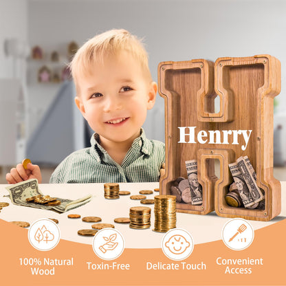 JOOMLAFLY Wooden Letter Piggy Bank for Kids - Personalized Initial Coin Bank for Boys and Girls