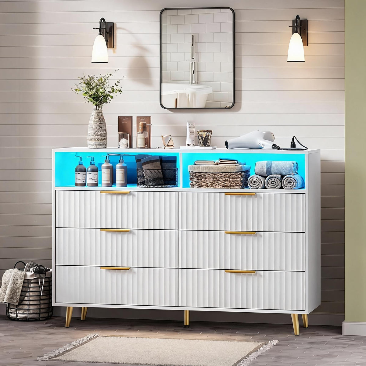 IDEALHOUSE 6 Drawer Fluted Dresser for Bedroom, 47.2" Wide Modern Chest of Drawers with Metal Handles, Wooden TV Stand, Storage Organizer for Closet, Living Room, Hallway, White