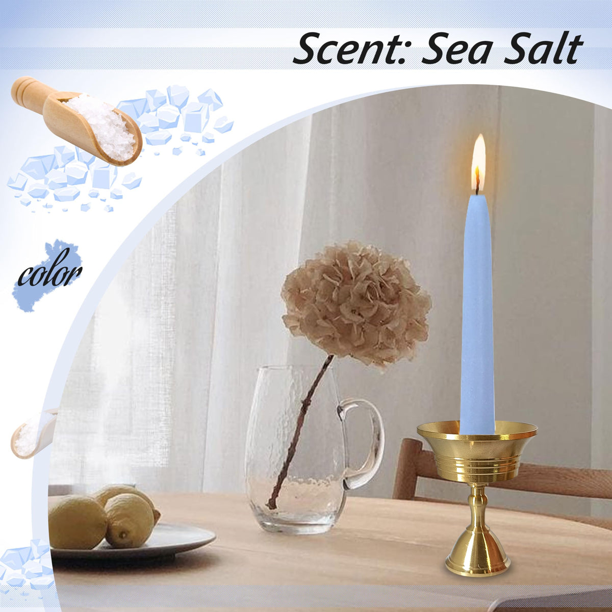 30 Minute Meditation Candle Seasalt Scented Mini Taper Candles with Brass Holder & Candle Sticky Dots, Blue Meditation Candles for Ritual Prayer Yoga Relaxation, 30PCS