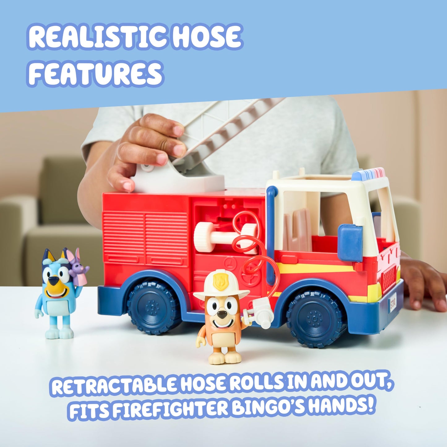 Bluey Firetruck, Firetruck, Exclusive Firefighter Bingo and Bob Bilby Figures Raise The Ladder, Spin It Around and Roll Out The Hose Includes Sticker Sheet
