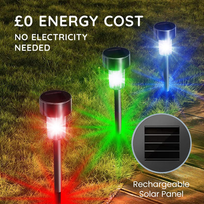 CUQOO Solar Garden Stake Lights – 10 Pack Colour-Changing LED, Weatherproof Stainless Steel Solar Lights for Outdoor Pathway Lighting – Rechargeable with Automatic Night Activation [Energy Class A+]