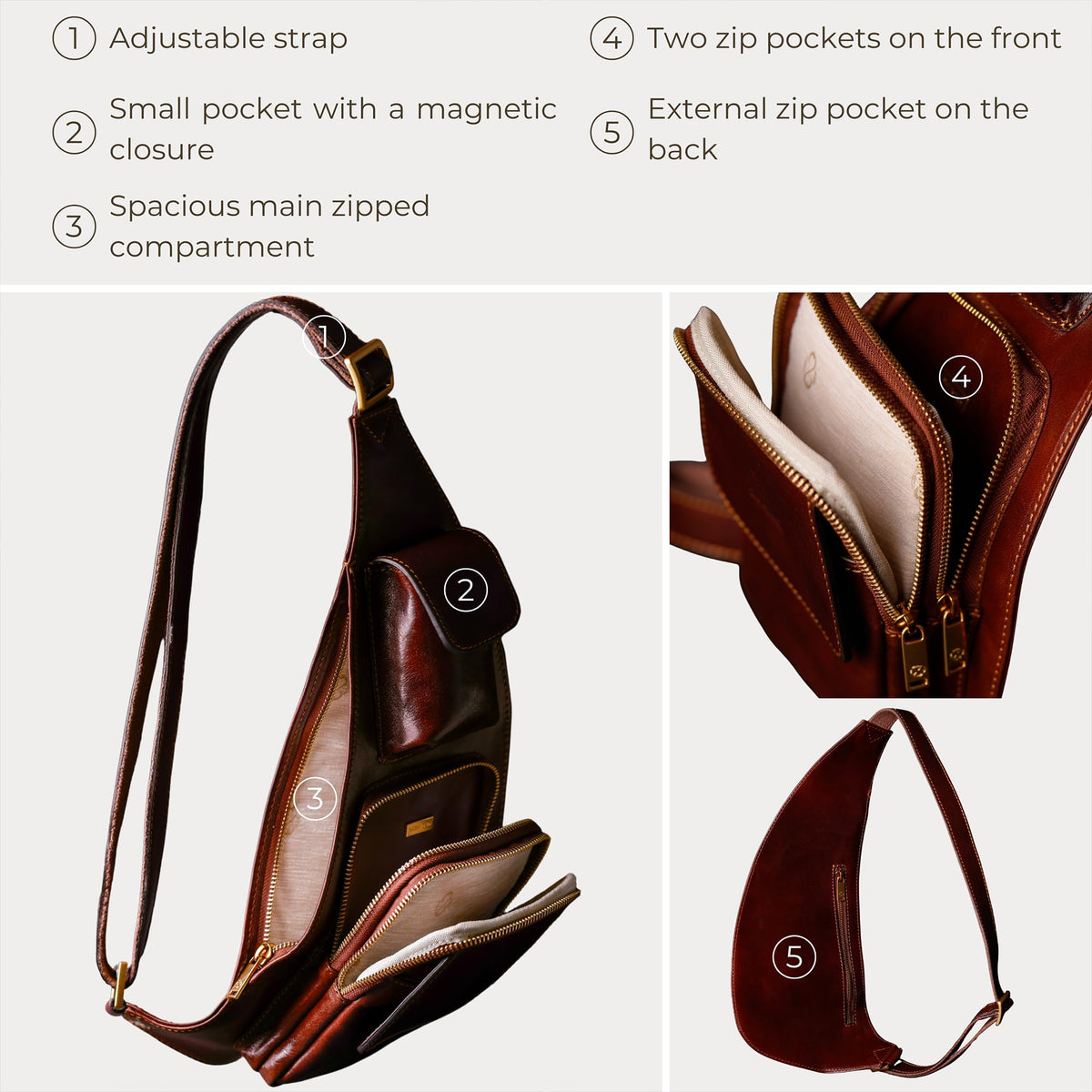 Time Resistance Leather Sling Bag - Crossbody, Messenger Bag for Men and Women - Handmade Shoulder Backpack (Brown)