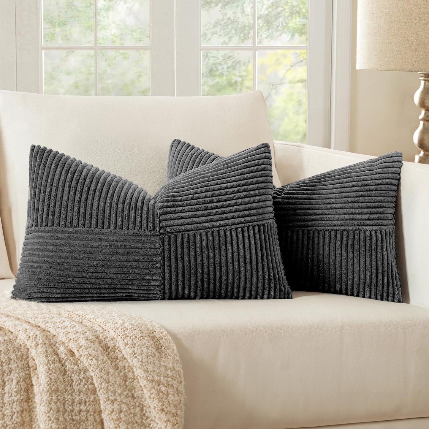 MIULEE Black Corduroy Pillow Covers Pack of 2 Boho Decorative Spliced Throw Pillow Covers Soft Couch Pillowcases Cross Patchwork Textured Cushion Covers for Living Room Bed Sofa 18x18 inch