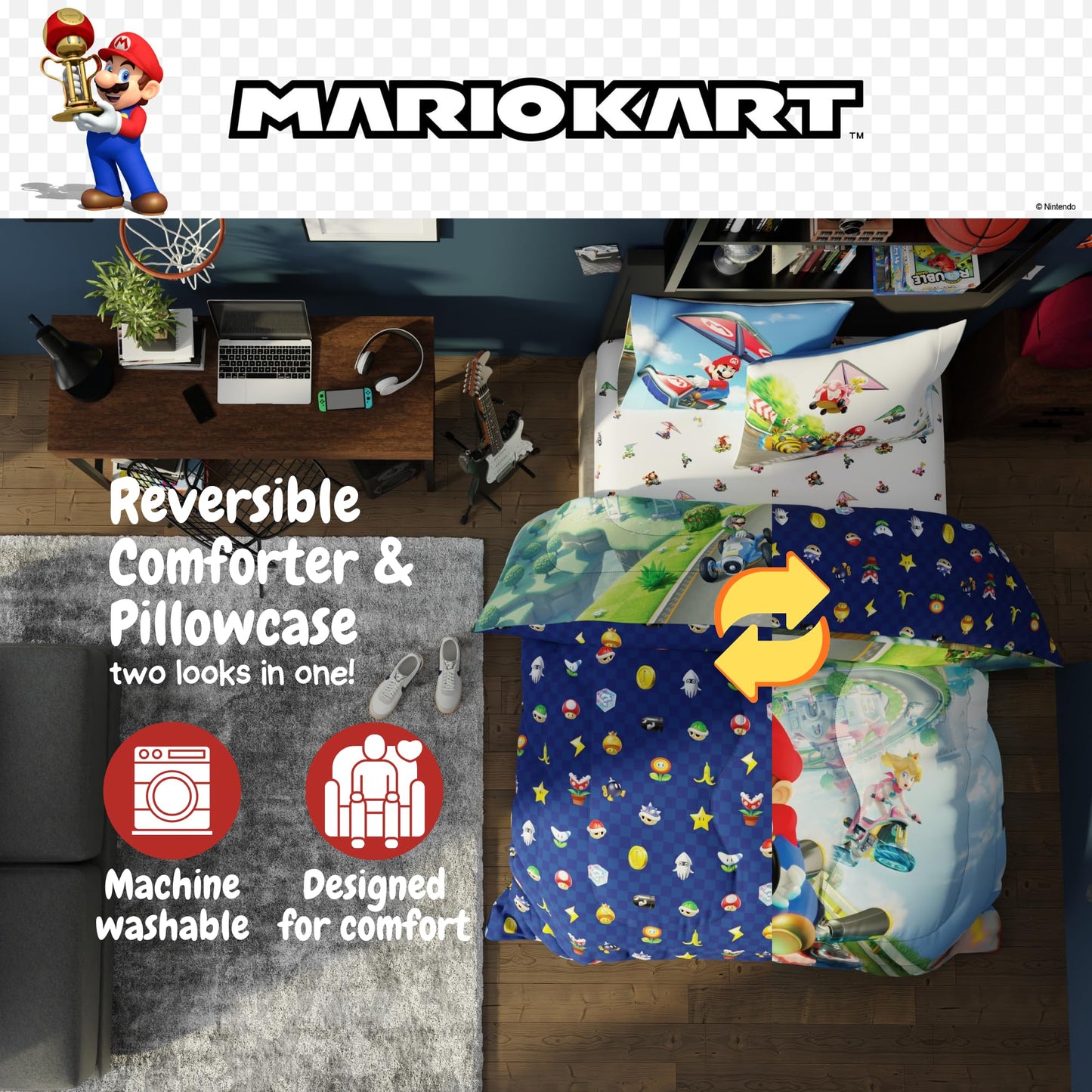 Super Mario Kart Game Kids Bedding Set, Twin Size, 4-Piece Super Soft Cozy Reversible Comforter & Sheet Set (Officially Licensed Product) by Franco
