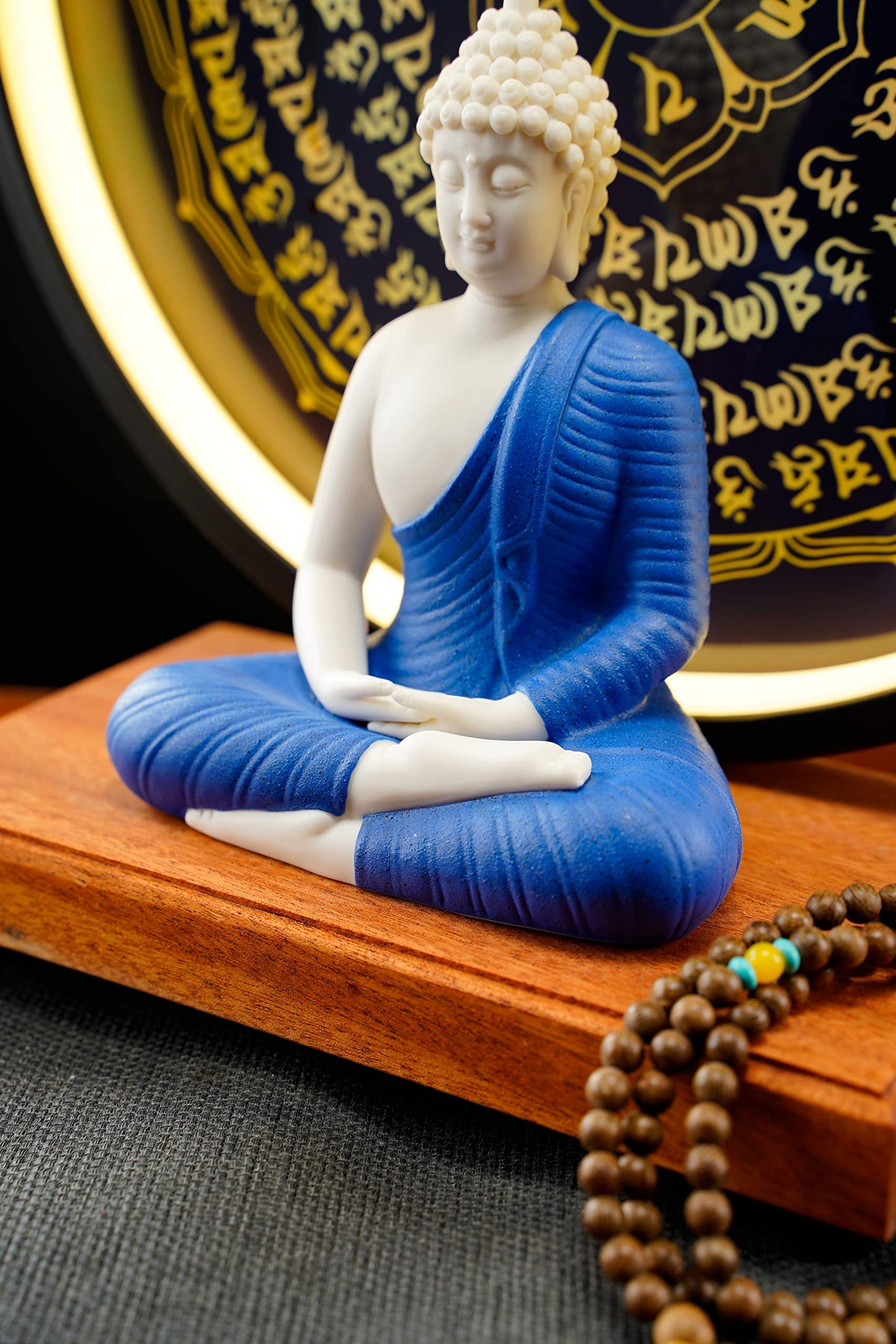 Houlu Blue Buddha Statue and Circle LED Table Lamp, Ceramic Buddha Statue for Home Décor