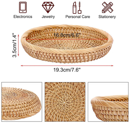 Handwoven Rattan Small Key Bowl - 7.6 Inch Round Catch All Tray for Keys,Coins, Wallet, Jewelry - Natural Wicker Organizer for Entryway, Desk, Nightstand