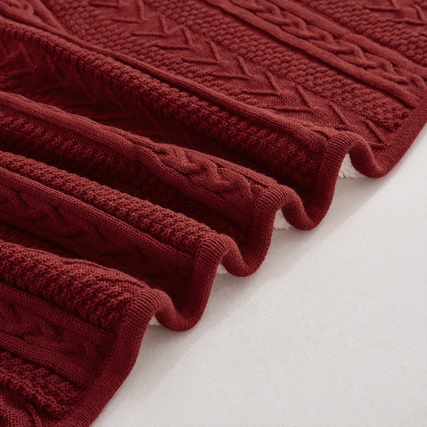 Longhui bedding Wine Red 50 x 63 Inches Acrylic Cable Knit Sherpa Throw Blanket - Thick, Soft, Big, Cozy Knitted Fleece Blankets for Couch, Sofa, Bed - Large Coverlet All Season, Burgundy Color
