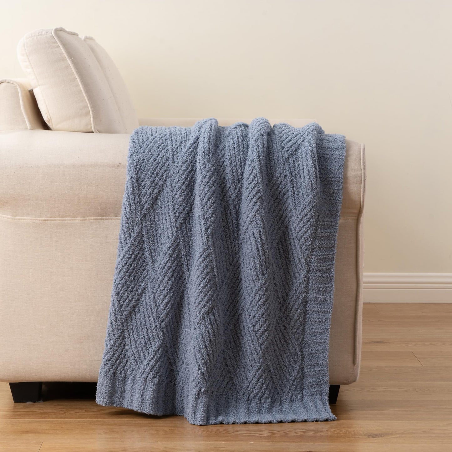 Battilo Dusty Blue Throw Blanket for Couch, Soft Chenille Diamond Knit, Lightweight Cozy Decorative Blanket for Sofa Bed, 50"x60"