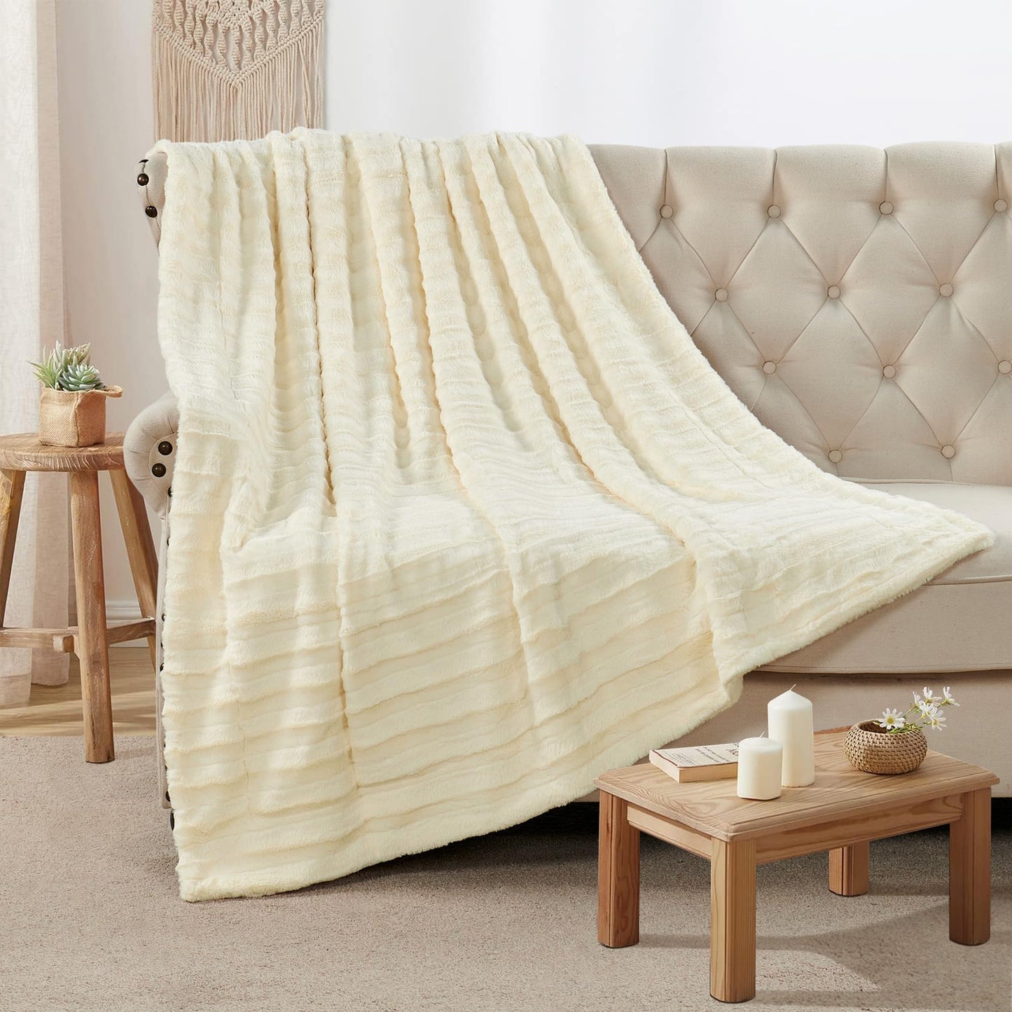 Home Soft Things Derby Double Sided Faux Fur Throw Blanket, Ivory, 50'' x 60'', Super Soft Comfy Fluffy Plush Bed Couch Cover for All Year Round Accent Home Decoration