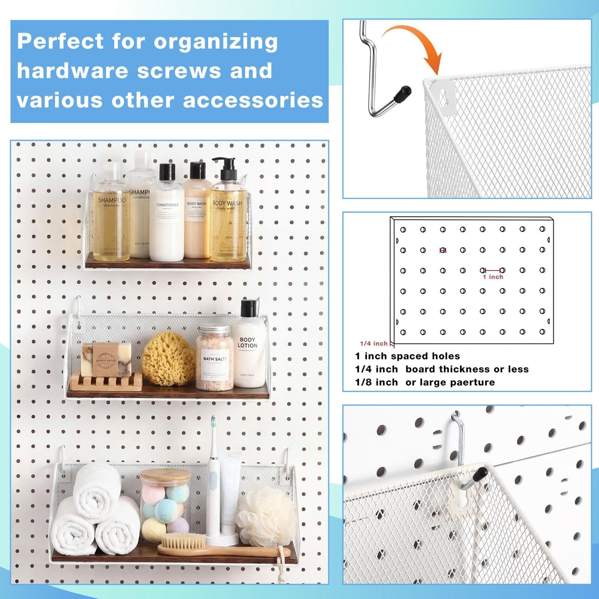 Ferrochef 3 Pack Pegboard Shelves with Hooks, Wall Mounted Grid Shelves, Pegboard Organizer Bins with Wooden Base, Heavy Duty Peg Board Storage Accessories for Kitchen, Bathroom, Garage, Office(White)