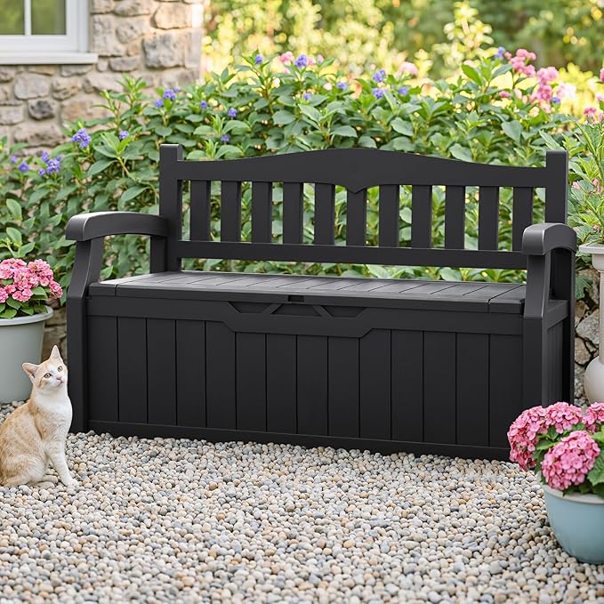 Homall 75 Gallon Outdoor Storage Benches Lockable Deck Box with Waterproof and UV Resistant, Waterproof Storage Box for Patio Furniture, Tools, Cushions (Black)