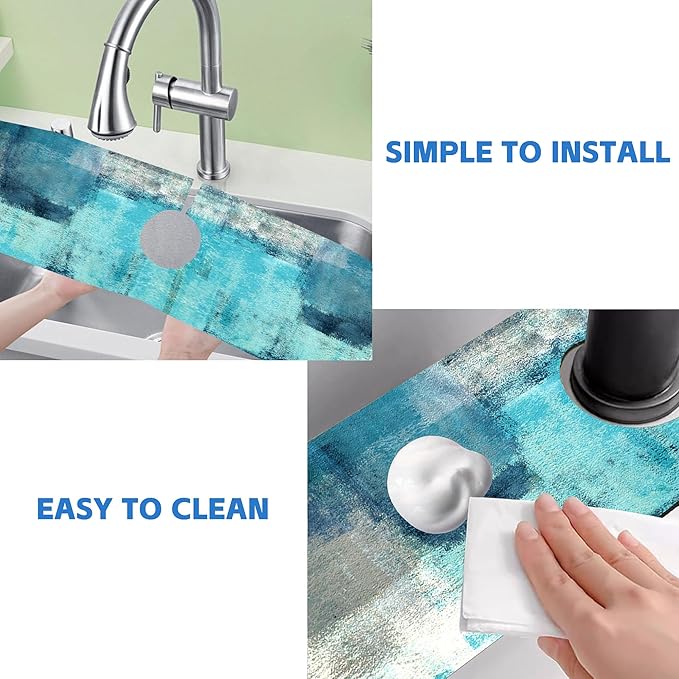 Kitchen Sink Splash Guard Faucet Mat Abstract Teal and Grey Geometric Absorbent