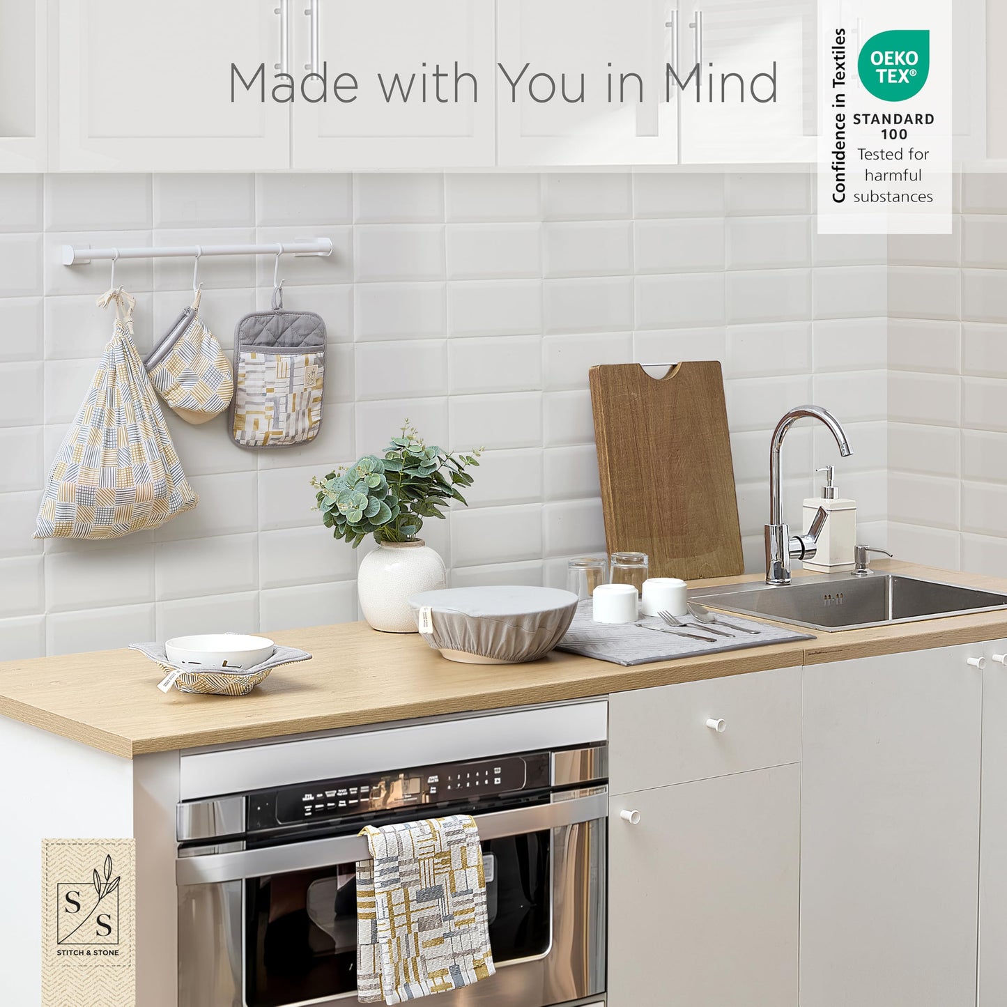 Stitch & Stone Welcome Home Kitchen Set - Multi Use with Quilted Pot Holder, Mitt, & Bowl Trivet, Cotton Kitchen Towel, Mat for Dish Drying, Hanging Towel, & Bowl Cover - Grey and Mustard Line