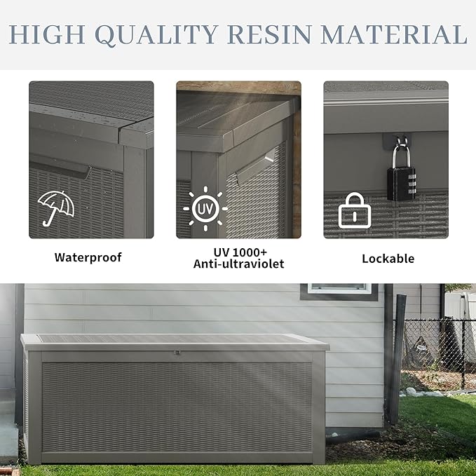 Outdoor Storage Box, Resin Deck Boxes Indoor and outdoor, Waterproof Storage Box Lockable Lid Grey,320 Gallon