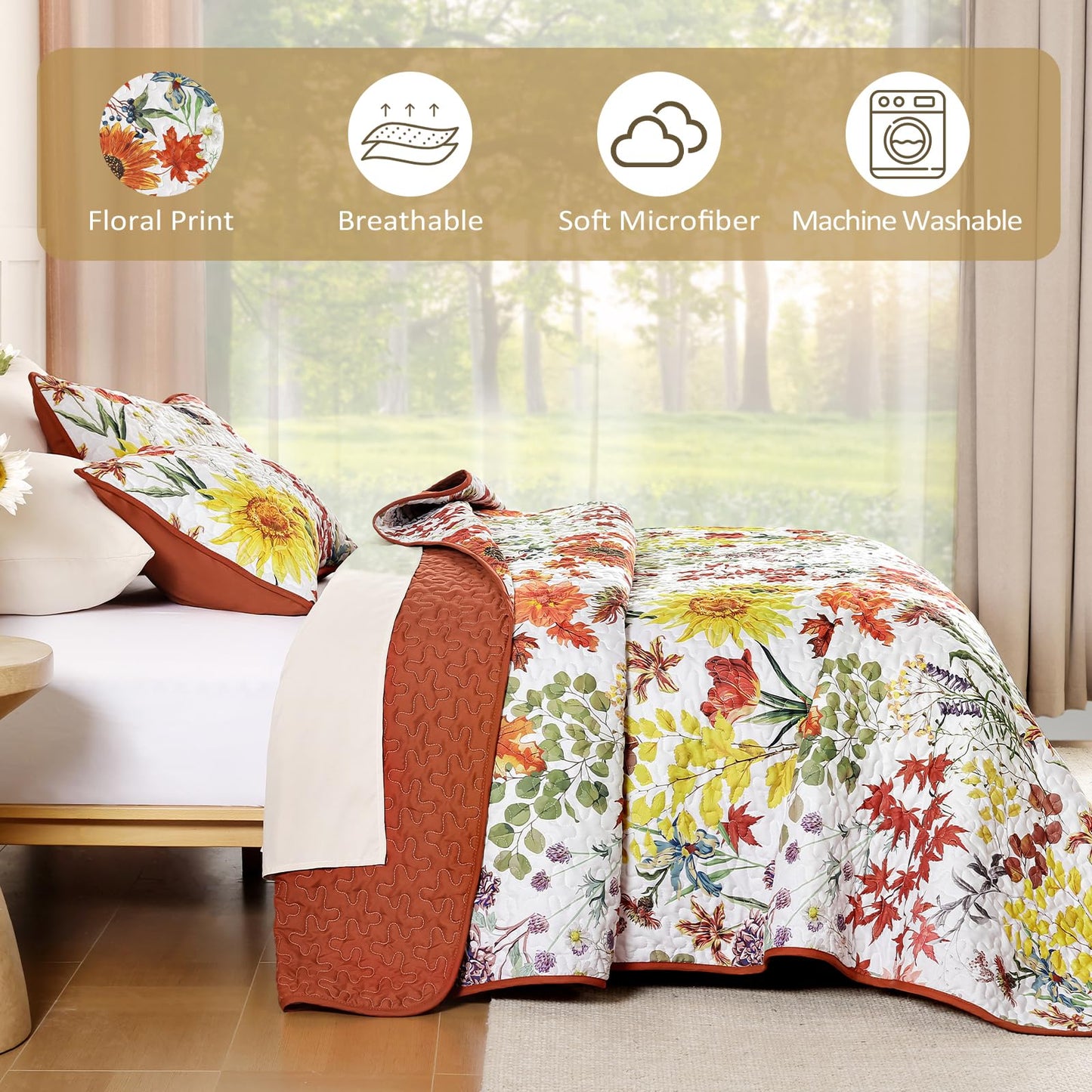 Yiran Fall Floral Quilt Set Queen Size, Orange Red Sunflower Botanical Bedspread Bedding Set, 3 Pieces Soft Lightweight Microfiber Coverlet with 2 Pillow Shams for All Season 96x90 Inch