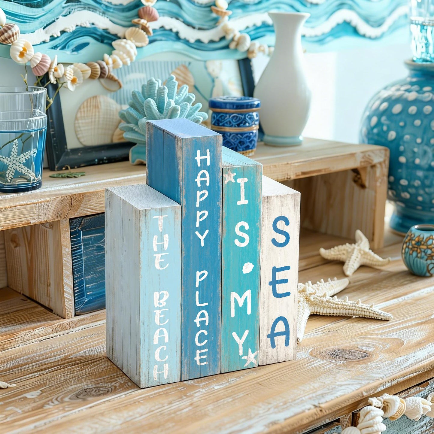 4 Pcs Beach Table Decor Ocean Rustic Wooden Book Sign Starfish Seashell Coastal Tiered Tray Decor Rustic Nautical Farmhouse Tabletop Sign Centerpieces for Summer Home Shelf Decoration