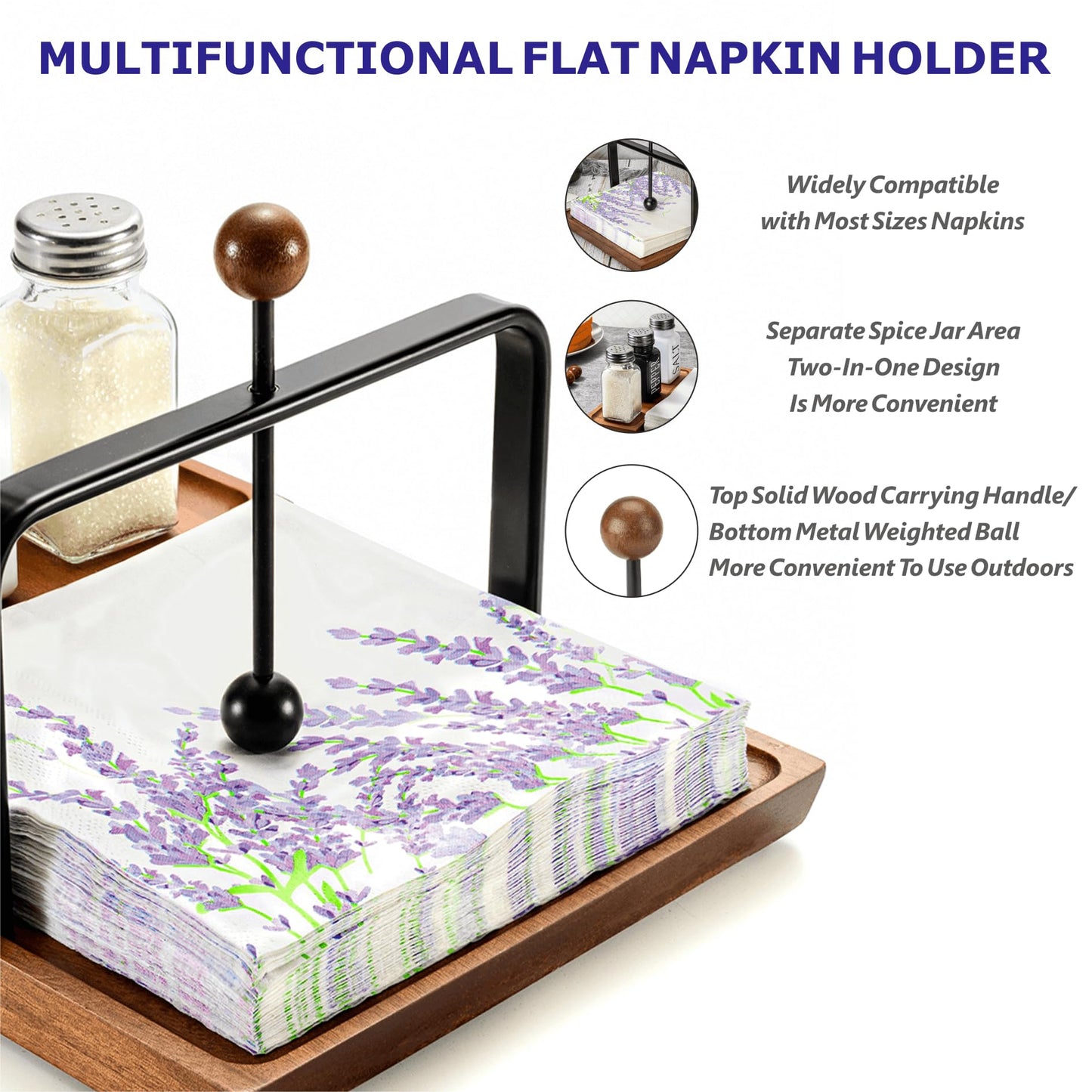 Wooden Napkin Holder – Multifunctional Napkin Holder for Table & Kitchen, Includes Space for Condiments – Perfect for Home, Kitchen, and Holiday Gatherings