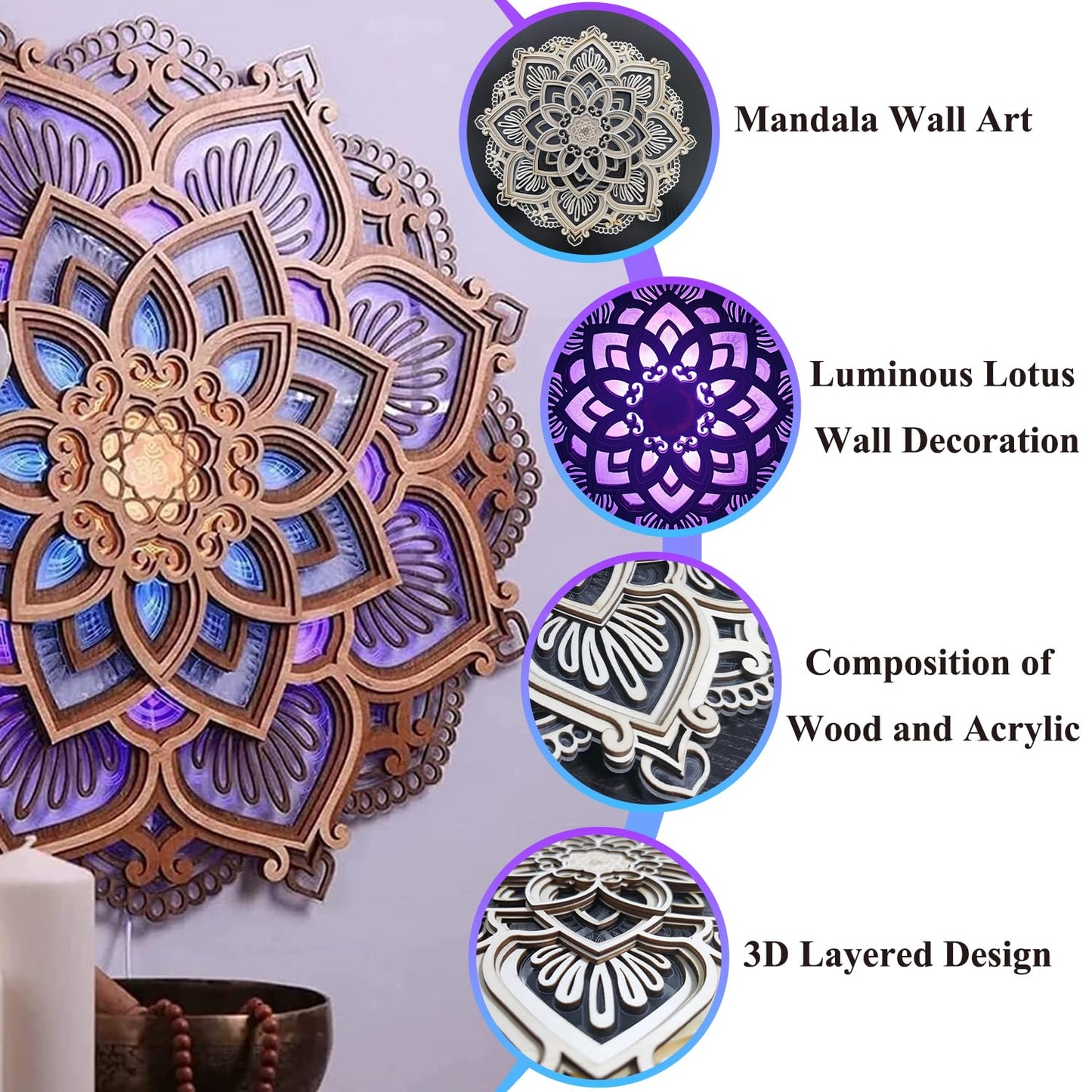 jvsufuik Mandala Wall Decor, Lighted Mandala Wall Art with LED Light, Lotus Flower Wall Art Decor, Boho Wooden Flower Night Light, Meditation Wall Hanging, Bohemian Yoga Home Decoration