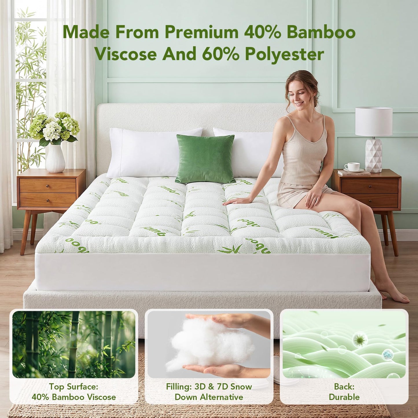 Twin XL Size Bamboo - Viscose Mattress Topper, Extra Thick Quilted Pillow Top, Naturally Cooling & Breathable for Hot Sleepers, Back Pain Relief, Deep Pocket Skirt Fits 6-18", Green