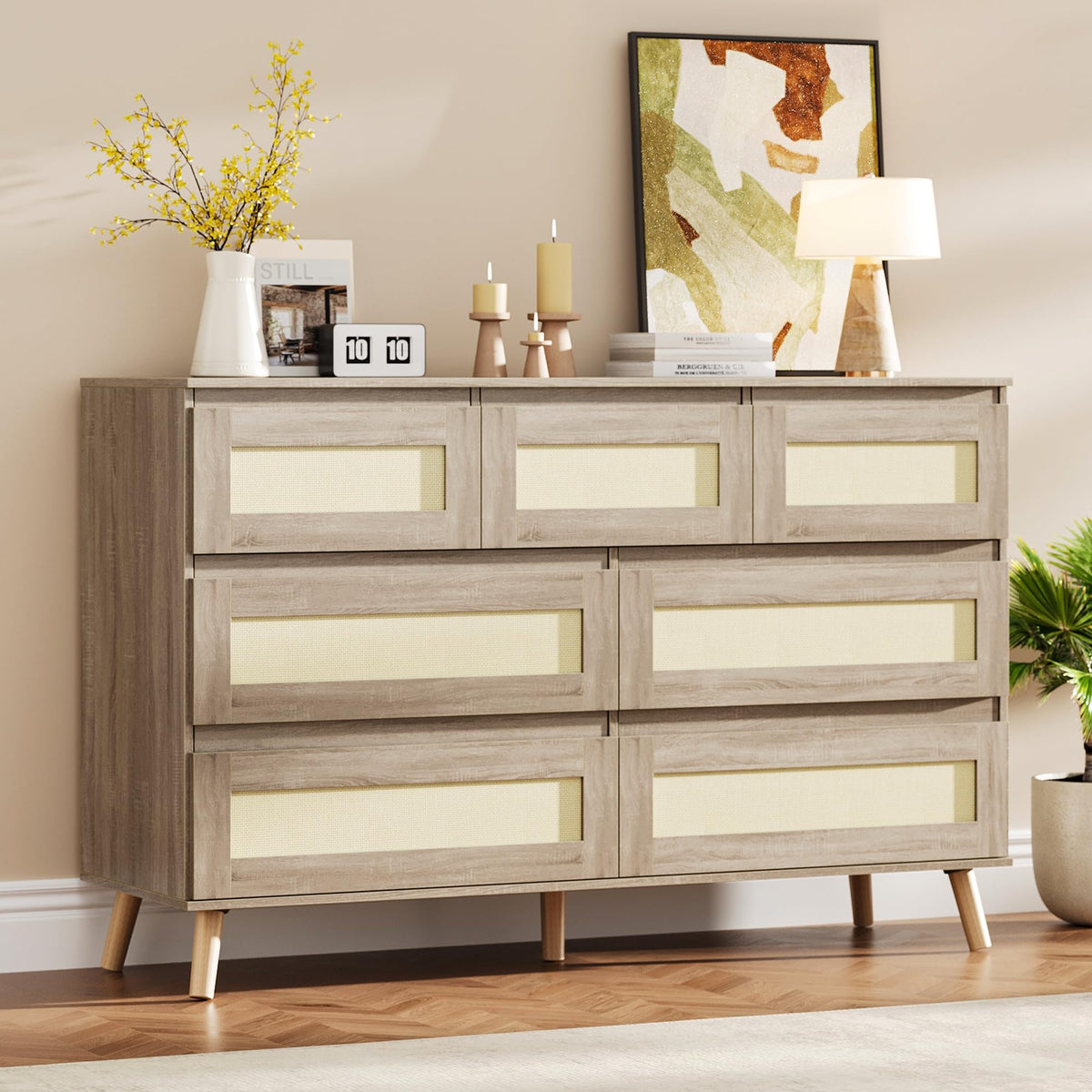 Patikuin Modern Rattan 7 Drawer Dresser for Bedroom, Wooden Chest of Drawers with Storage, Clothes Organizer Cabinet for Nursery, Living Room, Entryway, Natural Finish