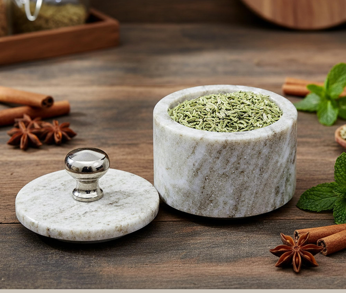 KLEO Marble Salt and Spice Holder with Lid | Small Container (2x3in) | Stone Salt Box/Canister for Kitchen and Dining | Saunf Holder (Beige)