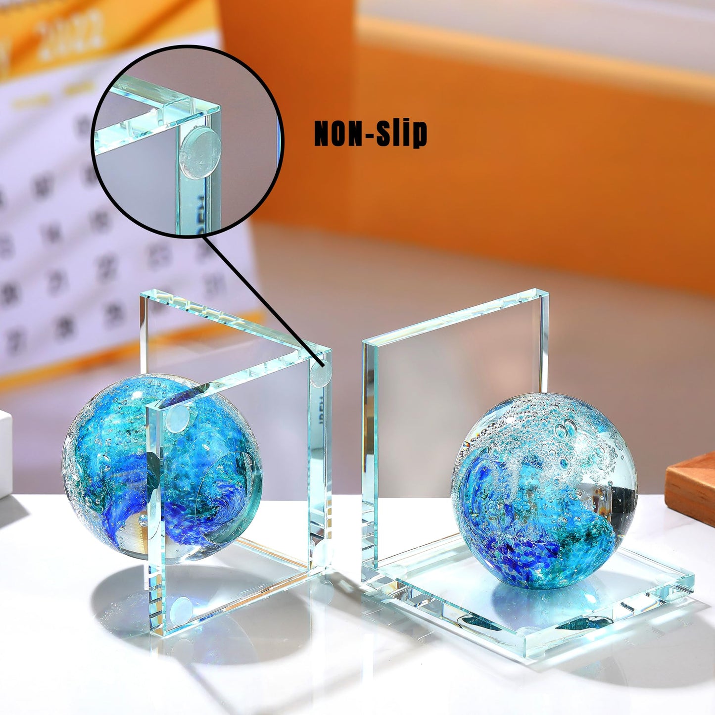 Book Ends for Shelves, Glass Bookends with Deep Ocean Blue Crystal Hand Blown Sea Wave Ball, Non Skid Sturdy Glass Decorative Bookends for Ocean Lovers, Heavy Books, Office, Set of 2