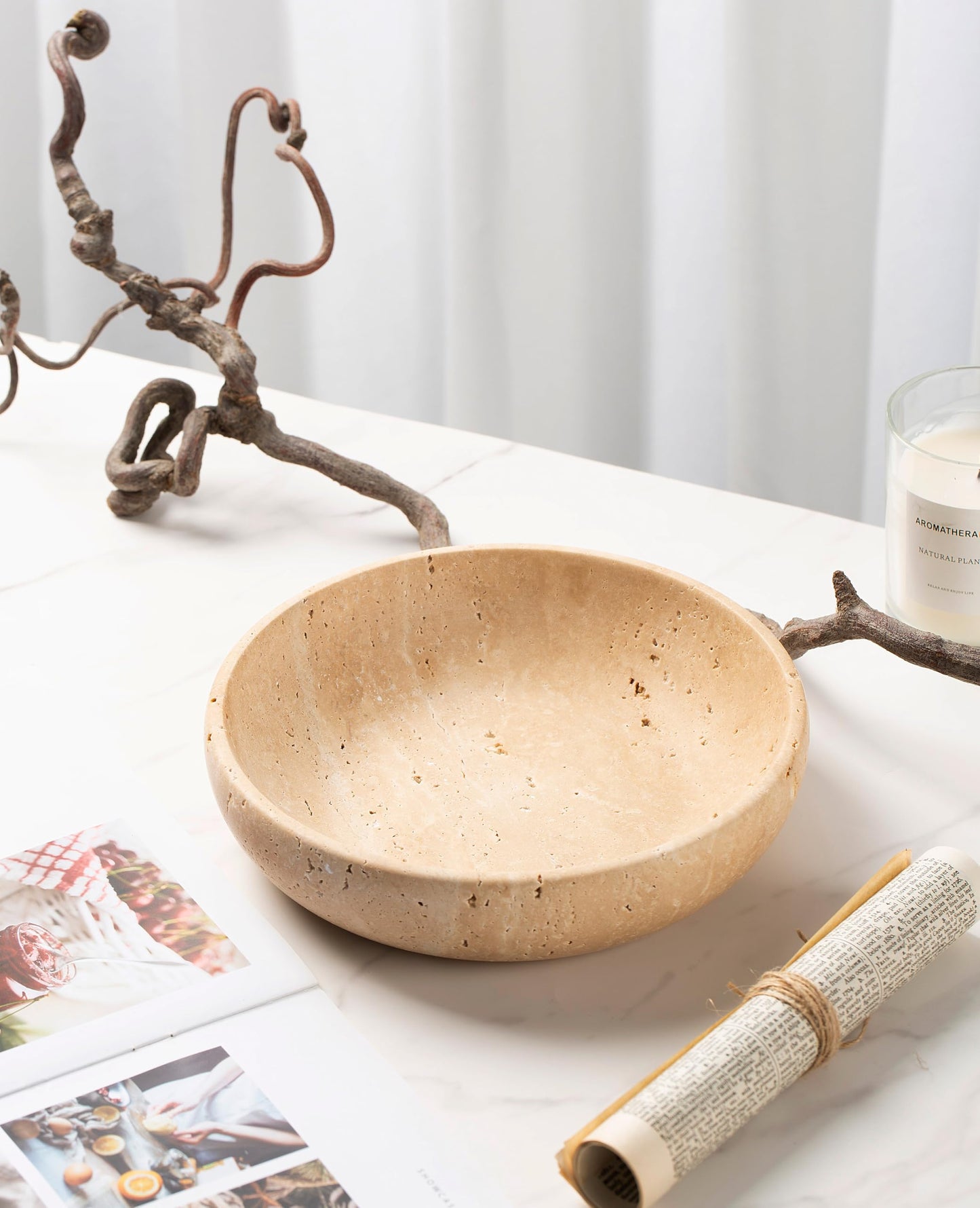 Natural Travertine Decorative Bowl 7.8", Handmade Stone Catchall Bowl for Entryway Key, Coffee Table Centerpiece, Kitchen Counter Fruit Bowl, Ring Tray, Office Home Decor Modern Apartment Essential