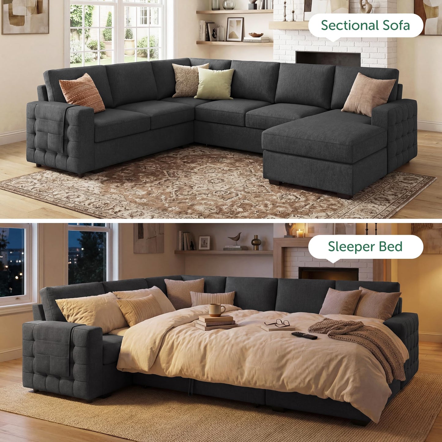 HONBAY Sectional Sleeper Sofa with Pull-Out Bed Storage Chaise, 6 Seater Couch for Living Room, Dark Grey