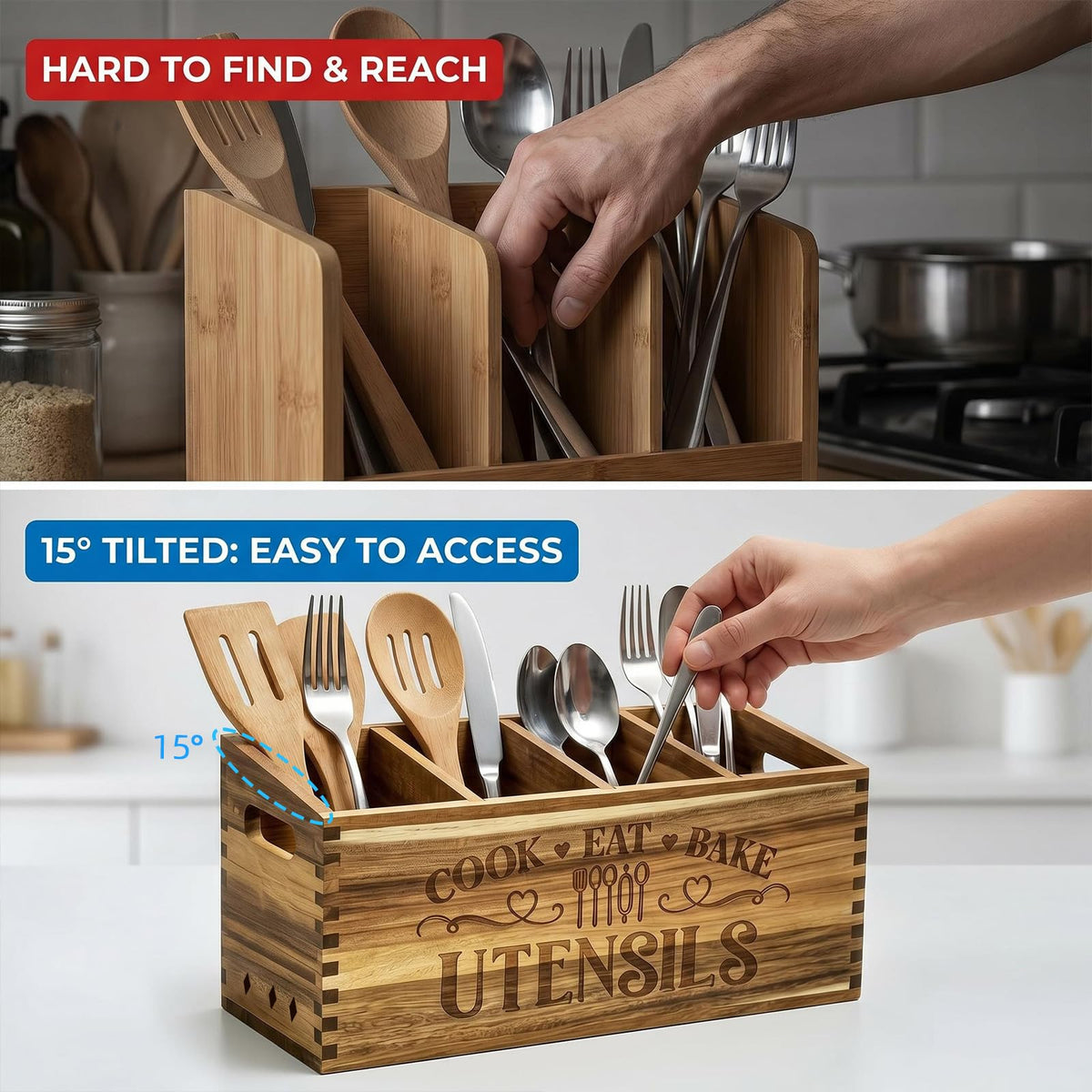 toytoto Large Acacia Wooden Utensil Holder for Kitchen Countertop