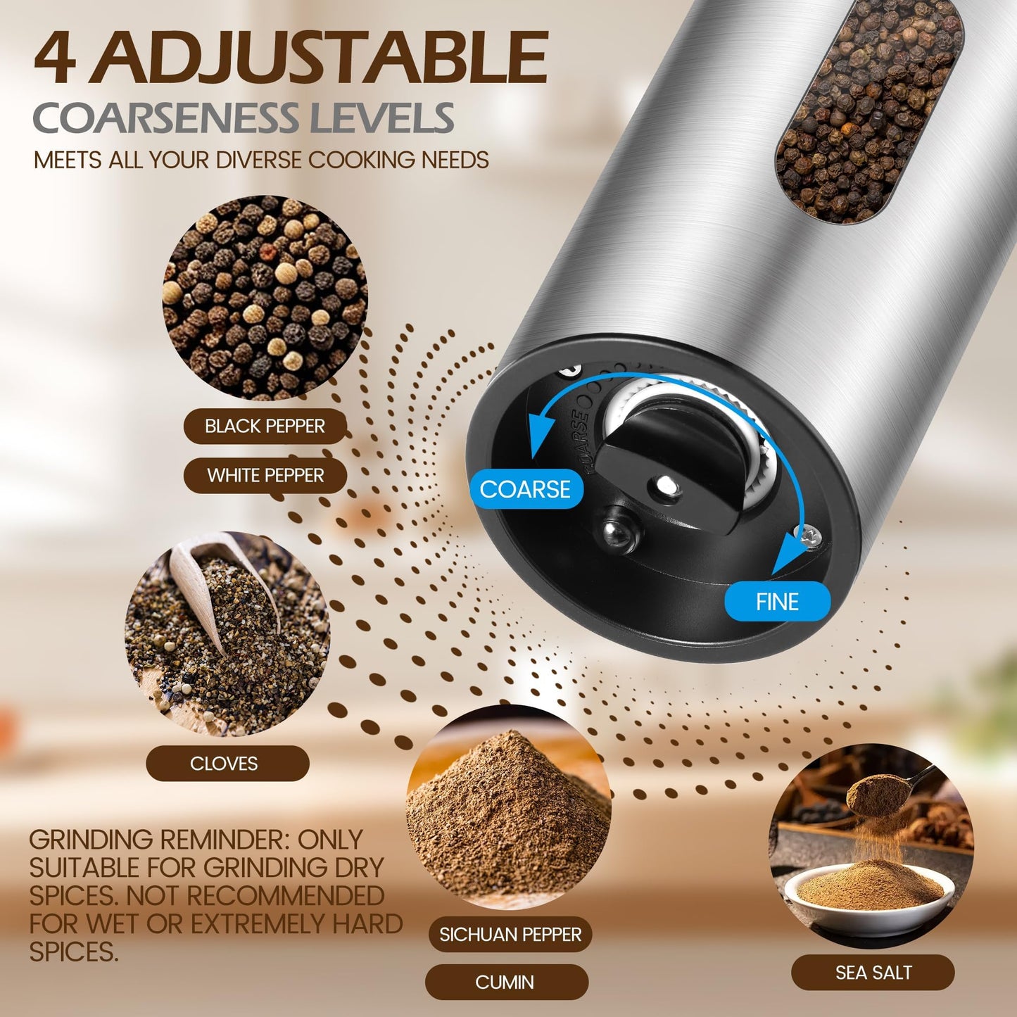 CapyBud Electric Salt and Pepper Grinder Set, 110 ml Rechargeable Automatic Salt and Pepper Shakers with Adjustable Coarseness Charging Base LED Light Ceramic Grinder Core for Kitchen Outdoor Gift