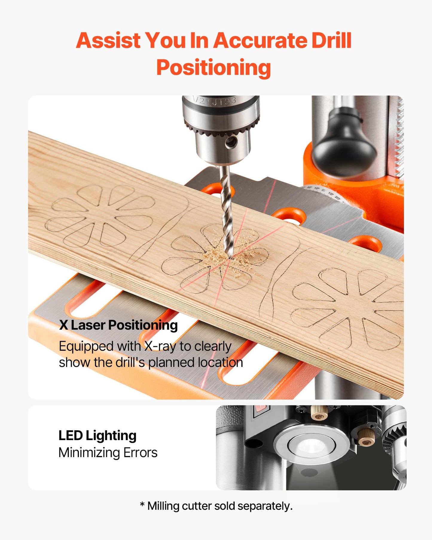 VEVOR 10-Inch Benchtop Drill Press, 5 Amp, 0.8 HP 600W Bench Drill Press, 530-3140 RPM Variable Speed, 0-45° Tilting Worktable, with Laser and LED Work Light, Tabletop Drilling Machine, for Wood Metal