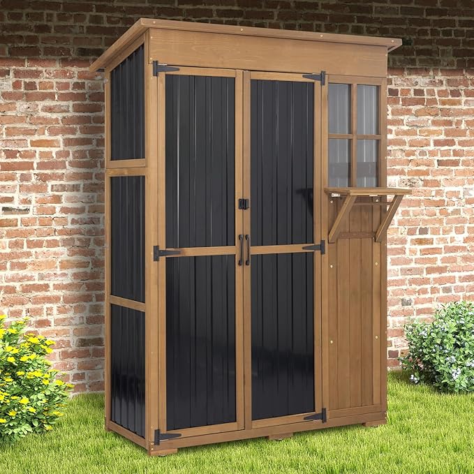 PetsCosset Large Outdoor Storage Cabinet Waterproof with Shelves, Outside Storage Shed Tall Backyard Cabinet with Fold-Out Table for Patio, Garage, Garden, Pool Accessories Storage (70.5" H x 51" L)