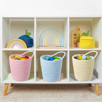 uxcell Blue Small Cotton Rope Woven Storage Basket, Shelf Closet Storage Gift Woven Baskets Cute Nursery Box Bin Decor Organization Bin for Home Supply, Round with Handle, 5.6x5.6