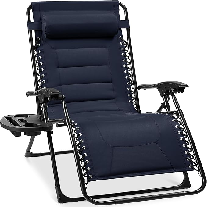 Best Choice Products Oversized Padded Zero Gravity Chair, Folding Outdoor Patio Recliner, XL Anti Gravity Lounger for Backyard w/Headrest, Cup Holder, Side Tray, Polyester Mesh - Navy Blue