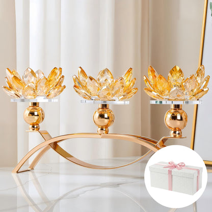 Dounx 5.6" Tall Crystal Candle Holders Lotus Candelabras Gold Arch Candlestick, Centerpiece Table, Home Hecor for Wedding, Dinning Room, Coffee Table, Kitchen, Living Room (26.7cmL, Tealight Candle)