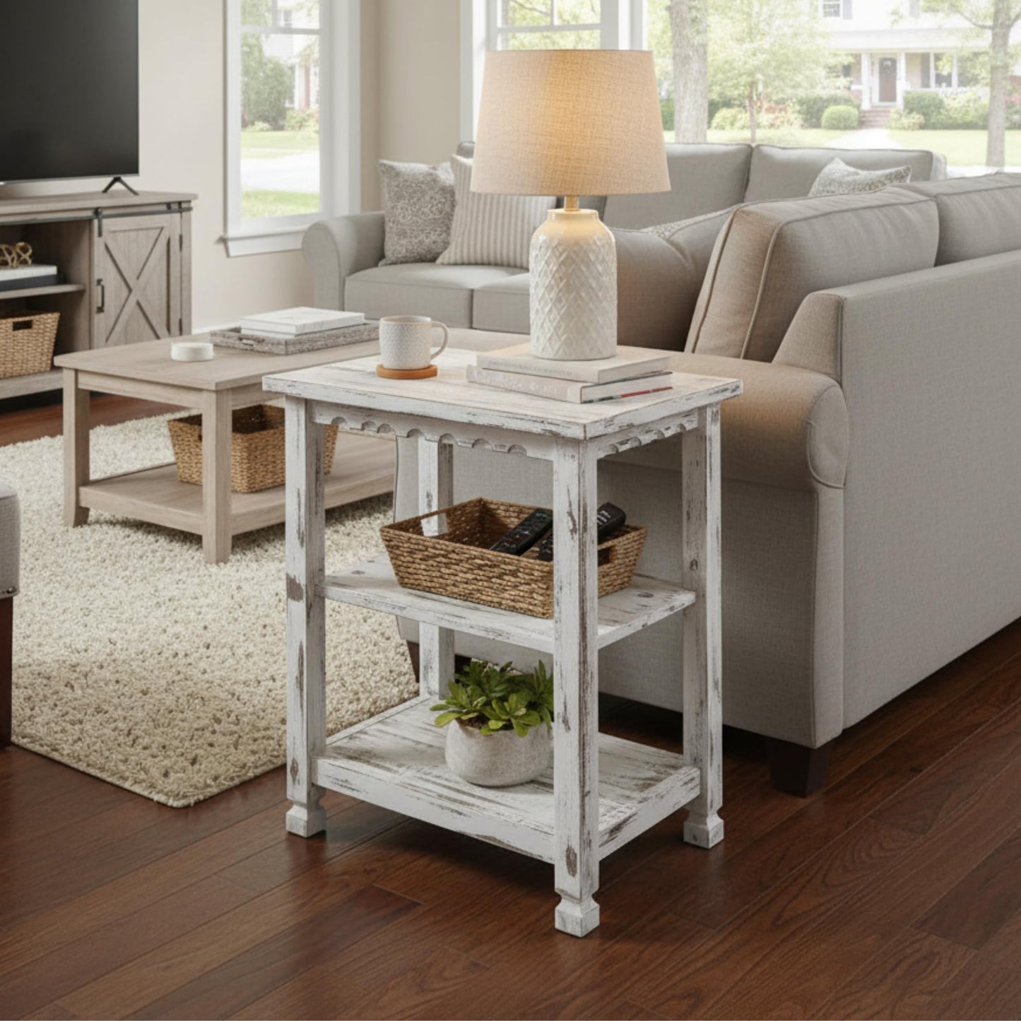 Alaterre Furniture Country Cottage Rustic Farmhouse Nightstand – 3-Tier Narrow End Table with Weathered Faded Finish, Carved Edges, & Turned Legs (Distressed Antique White)